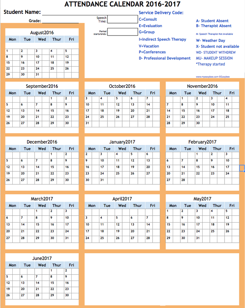 Easybee Speech Attendance Calendar freebie!