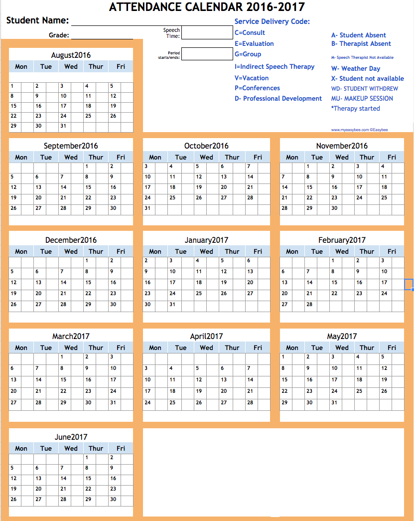 Easybee Speech Attendance Calendar freebie!