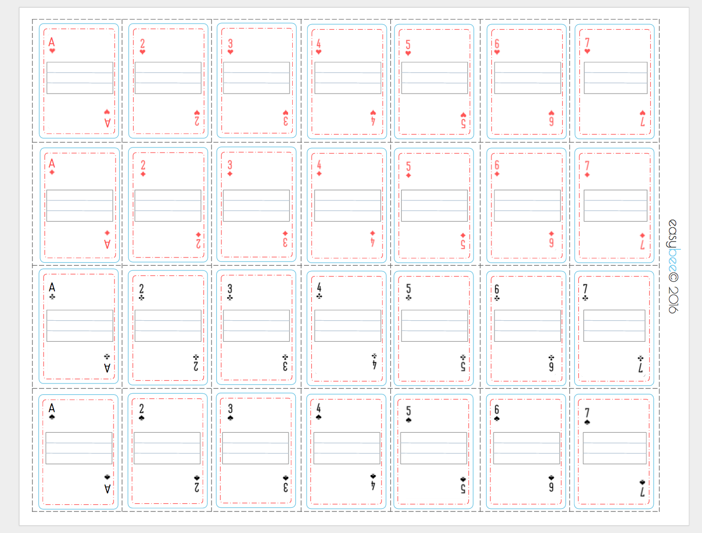 JFF Printable Mini Playing Cards- write in - Easybee for Free Printable Playing Cards Template