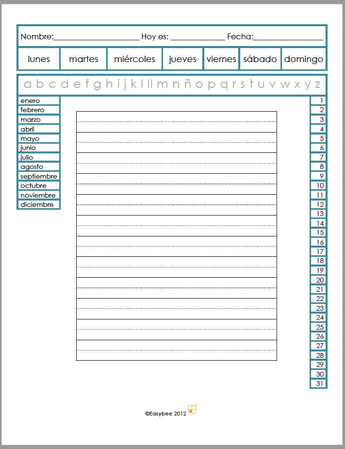 FREE EASYBEE Writing Lines with Calendar English & Spanish