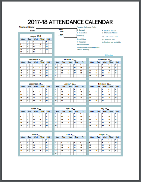 EASYBEE YEARLY Attendance Calendar Service Log GDOC (EDITABLE)