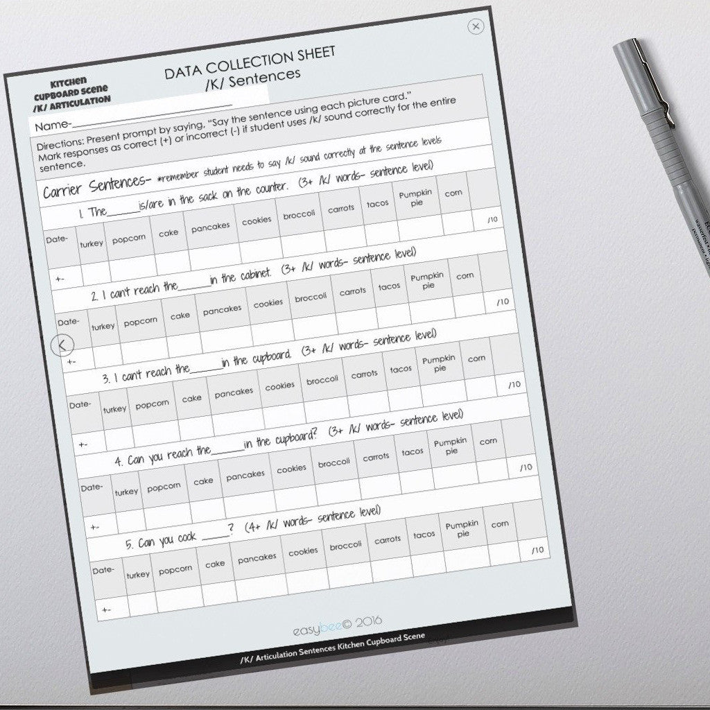 /K/ Articulation Sentences Kitchen Cupboard Scene